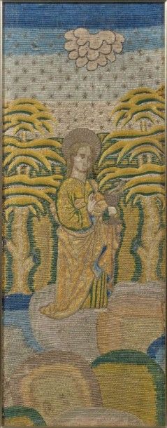 null Tissu à orfroi représentant saint Jean le Baptiste.
Espagne, XVIème siècle....