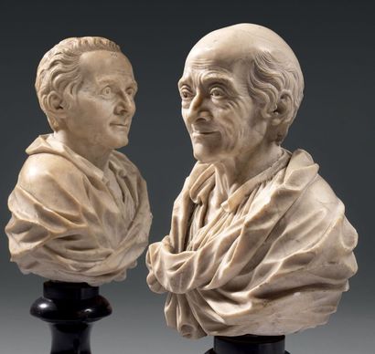Attribués à Claude-Antoine Rosset 
Paire de bustes en marbre blanc finement sculpté...
