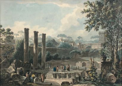Attribué à Giuseppe Bernardino BISON (1762 - 1844) 
Promeneurs dans les ruines antiques
AQUARELLE...