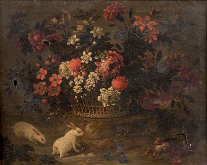 École italienne vers 1730 
Corbeille de fleurs et lapin
Vase de fleurs et hamsters
Paire...