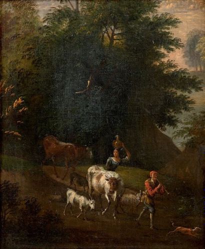 Ecole HOLLANDAISE du XVIIIème siècle 
Paysage au troupeau et aux bergers
Toile 37...