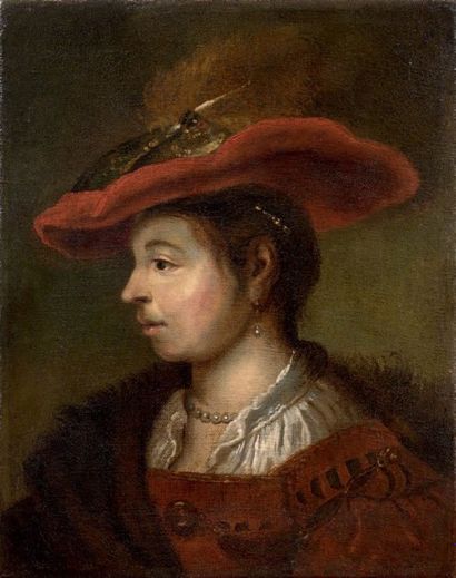 Ecole FRANCAISE du XIXème siècle, dans le goût de REMBRANDT 
Profil de femme au chapeau
Sur...