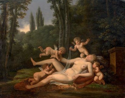 ECOLE FRANCAISE DU XIXème siècle 
Jeune femme assoupie entourée de putti
Panneau...