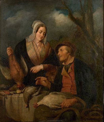 Ferdinand de BRAEKELEER (Anvers 1792 - 1883) 
La préparation du repas
Panneau d'acajou....