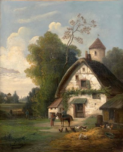 J.LEROUX (Actif au XIXème siècle) 
Cavalier près d'une chaumière
Sur sa toile d'origine....
