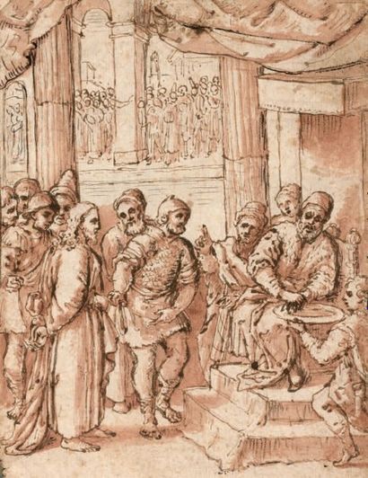 ECOLE NAPOLITAINE du XVIIème siècle 
Le Christ devant Ponce Pilate
Plume et encre...