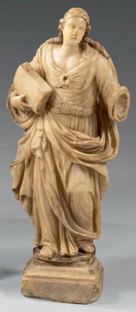 null Grande sainte Barbara (?) en albâtre sculpté en ronde-bosse. Debout, elle est...