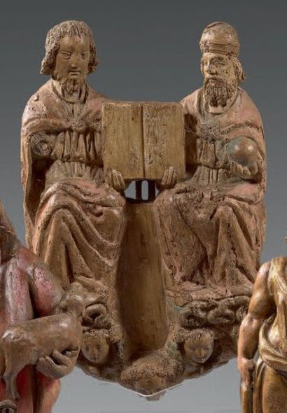 null «Moïse et les Tables de la Loi» en bois sculpté en haut-relief. Moïse et Dieux...