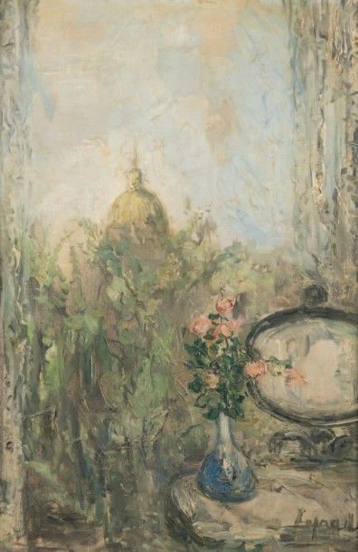 Pierre LAPRADE (1875 - 1931) Bouquet de roses à la coiffeuse
Huile sur toile, signée...