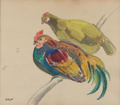 Raymond BIGOT (1872 - 1953) Poule et coq perchés
Aquarelle sur papier, signée en...