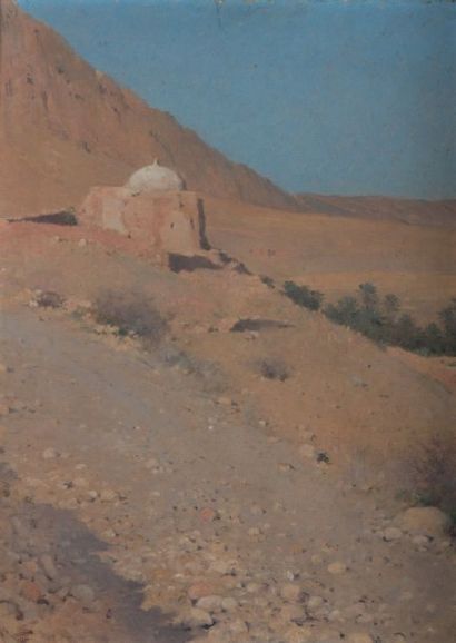 ÉCOLE FRANÇAISE ORIENTALISTE du XIXème siècle Mausolée dans le désert
Huile sur panneau
36...