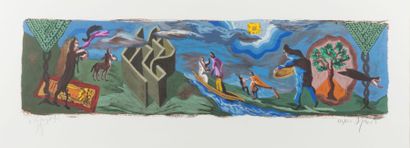 GÉRARD GAROUSTE (NÉ EN 1946) Composition dans un paysage 26,5 x 99 cm. Lithographie...