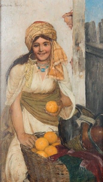 Daniel ISRAEL (1859 - 1901) La petite vendeuse d'oranges
Huile sur panneau, signée...