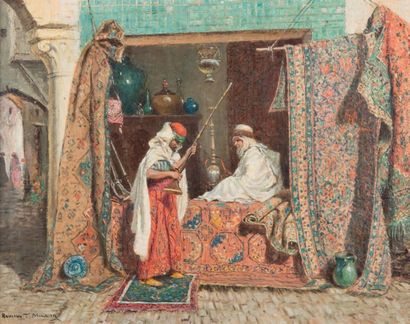 Addison Thomas MILLAR (1860 - 1913) Au souk, le marchand de tapis
Huile sur panneau,...