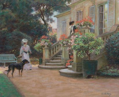 Edouard GELHAY (1856 - 1939) Jeune femme au perron
Pastel, signé en bas à droite...