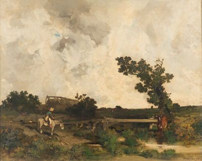Louis Adolphe HERVIER (1818 - 1879) Jeune vacher sur son âne, 1873
Huile sur toile,...