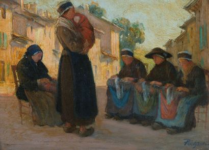 Gustave POETZSCH (1870 - 1950) Femmes à leur ouvrage
Huile sur panneau, signée en...