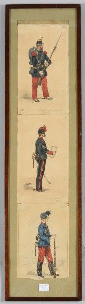 null Trois dessins à la plume, aquarellés: uniformes de 1886; infanterie de ligne,...