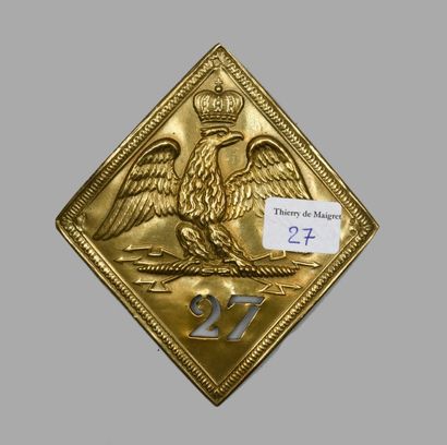 null Plaque de shako du 27e régiment d'infanterie du Premier-Empire en laiton, losangée,...