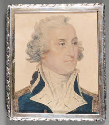 null Aquarelle au pointillé, découpée : Portrait de George Washington ; cadre rectangulaire...
