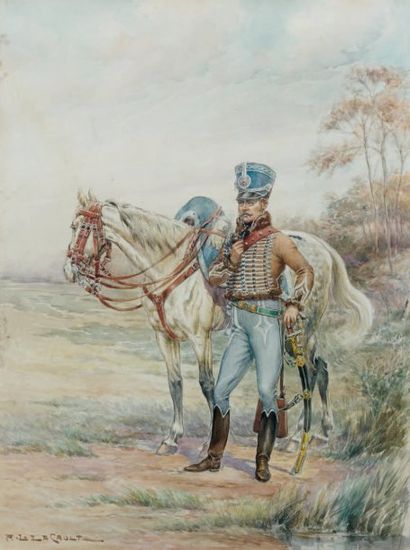 A. L. Lacault, Aquarelle : Un officier de hussards du 2e régiment du Premier-Empire,...