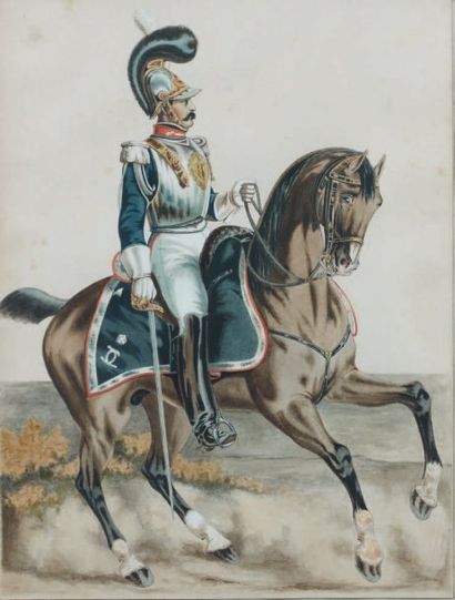null Dessin aquarellé : Cuirassier de la garde royale, à cheval ; cadre doré avec...