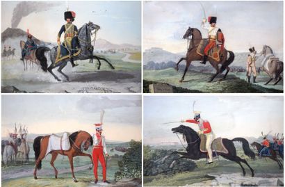 null Quatre grandes gouaches napolitaines représentant des cavaliers du royaume de...