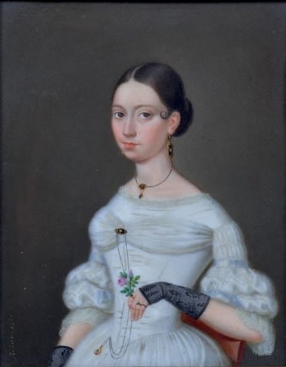 Ecole FRANCAISE, 1841 Portrait de jeune fille à la rose
Peinture sur porcelaine....