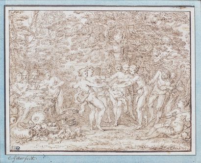 Claude GILLOT (Langres 1673 - Paris 1722) Bacchanale
Plume et encre brune, lavis...