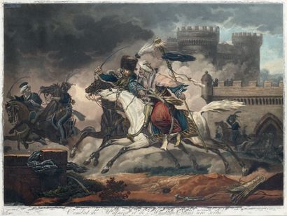 Carle VERNET d'après Grande gravure en couleurs: "Combat de hussard et de mameluck...