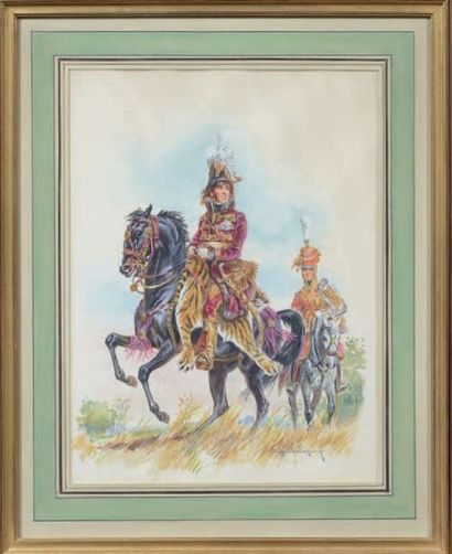 Eugène LELIEPVRE Dessin aquarellé et gouaché, signé en bas à droite: Murat à cheval...