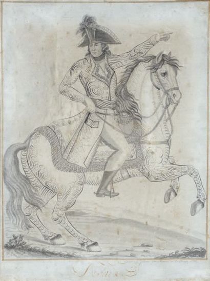 Auvrest Dessin calligraphique à la plume: Le général Desaix à cheval, en bas dans...