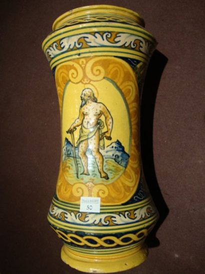 PALERME Grand albarello cylindrique incurvé à décor polychrome représentant saint...