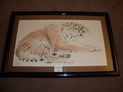 Gustave GUETANT Tigre couché Fusain avec rehauts de couleur signé et daté 42 en bas...