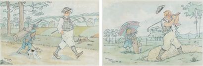 Harry ELIOTT Le golf Paire d'aquarelles sur papier signées en bas à gauche et encadrées...