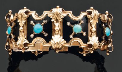 null Beau bracelet articulé en or, composé d'éléments émaillés, ornés de turquoises...