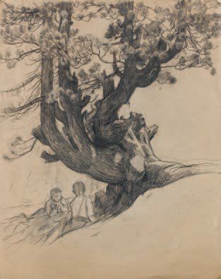 null Deux enfants jouant sous un pin Dessin au fusain 56,5 x 44 cm