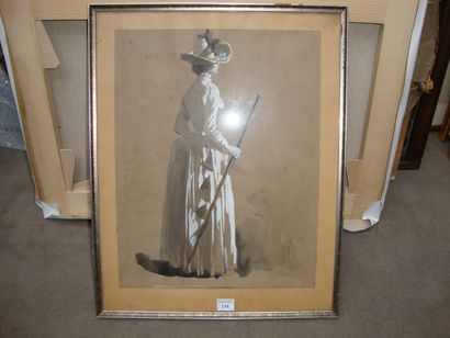 null Femme au chapeau Lavis rehaussé de gouache blanche 32,5 x 25 cm. (Piqûres)