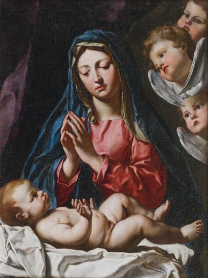 Francesco COZZA (Stilo 1605 - Rome 1682) Vierge à l'Enfant entourés d'anges Toile...