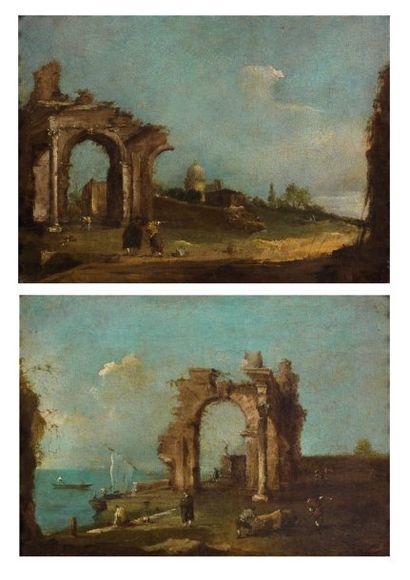 Francesco GUARDI (Venise 1712 - 1793) Caprices avec un arc en ruine, maison et dôme...