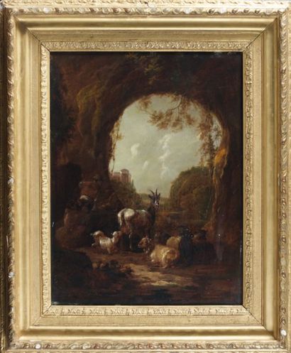 Dirck van BERGHEN (Harlem 1645 - 1690) Chèvres dans un paysage Panneau 48,5 x 37,5...