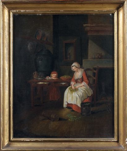 Ecole FLAMANDE du XVIIIème siècle Femme dans sa cuisine Panneau 46,5 x 38 cm