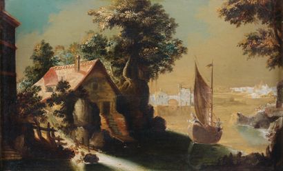 Attribué à Joos de MOMPER (1564 - 1634/35) Paysage avec maison et bateau Panneau,...