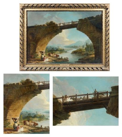 Hubert ROBERT (Paris 1733 - 1808) Lavandières sous un pont antique Toile de forme...
