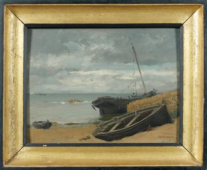 Jules-Achille NOËL (Quimper 1815 - Alger 1881) Barques échouées sur le sable Panneau....