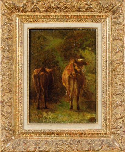 Constant TROYON (Sèvres 1810 - Paris 1865) Etude de vaches Papier marouflé sur panneau...