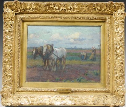 Harry F. van der WEYDEN (Boston 1868 - 1952) Paysans et chevaux aux travaux de labours...