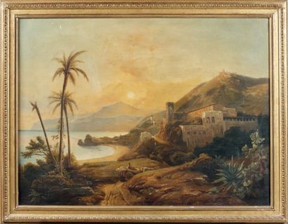 Ecole FRANCAISE vers 1830 Vue présumée de Taormina, Sicile Huile sur toile. 64 x...