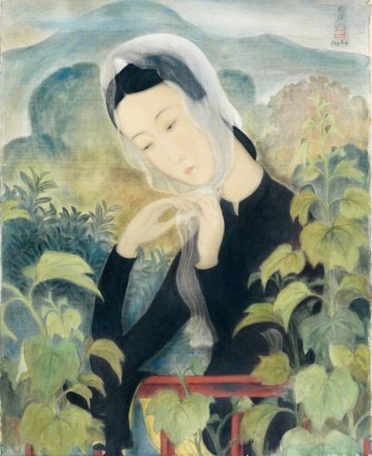 LE PHO (1907-2001) Jeune femme attachant son foulard Gouache et encre sur soie, signée...