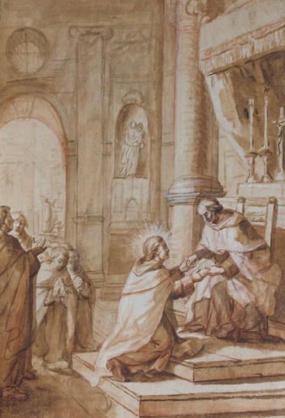 Ecole ITALIENNE du XVIIème siècle Un moine agenouillé dans une église recevant un...